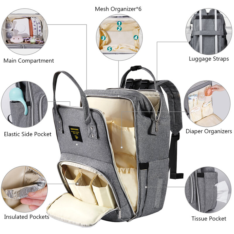 Sunveno – sac à dos à langer élégant, sacoche de voyage multifonction, grande capacité de 20l