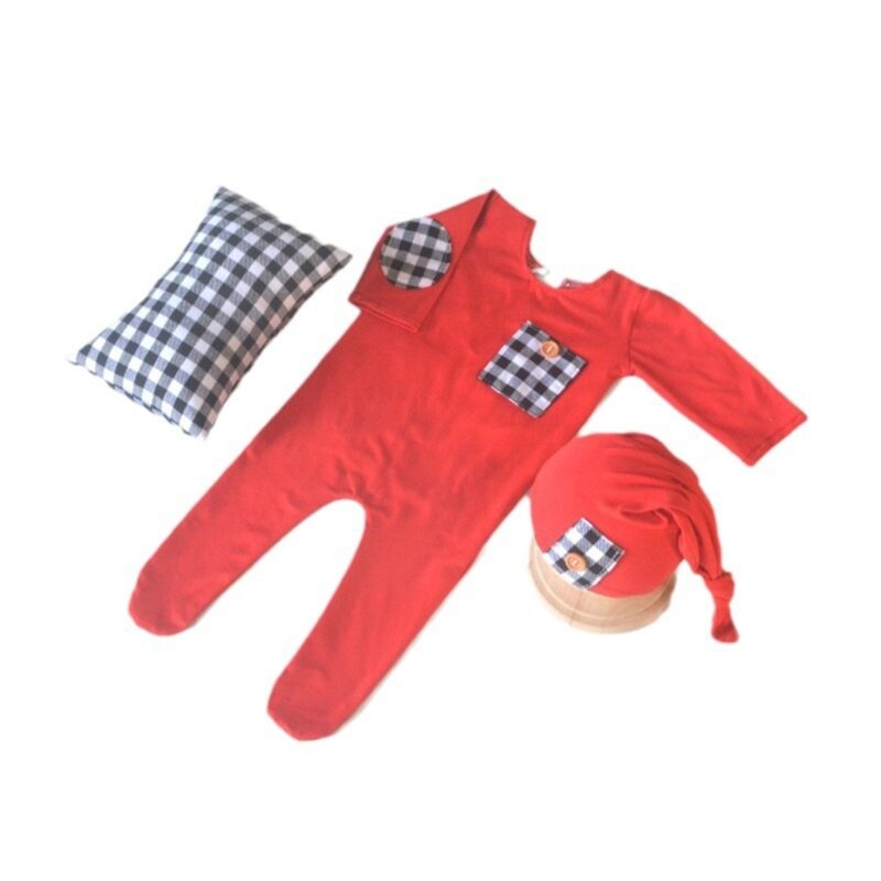 Y1UB Pakaian Foto Bayi Jumpsuit & Topi Ekor Panjang Bantal Pose Kostum Foto Bayi Baru Lahir Aksesori Liburan Bayi