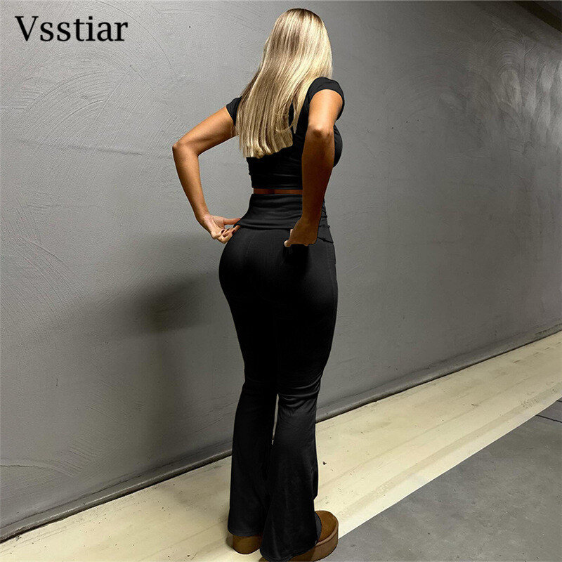 Vsstiar Women Casual Two Piece Set Summer Short Sleeve O Neck Shirt Top Solid High Waist Pants Fashion Knitted Matching Suits