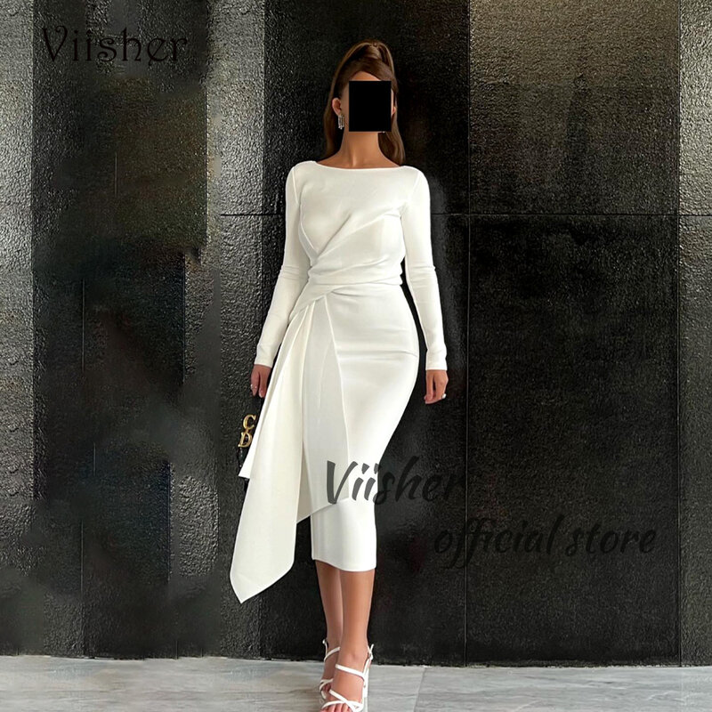 Белое Атласное Вечернее платье Viisher с длинным рукавом и круглым вырезом, арабское дубайское официальное платье для выпускного вечера, вечерние платья длиной ниже колена