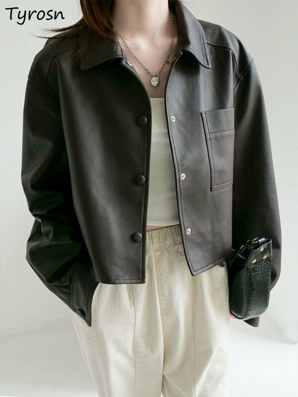 Jaket PU Wanita Antik Klasik Longgar Semua Cocok Sederhana Gaya Korea Kasual Kepribadian Musim Semi Populer Wanita Streetwear Murni