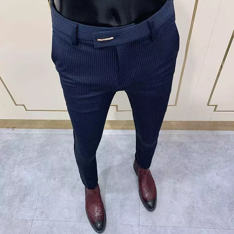 Modne w paski garnitur męski Slim Fit Skinny wysokiej jakości męski biurowy spodnie imprezowe męski biznesowy na co dzień formalne spodnie