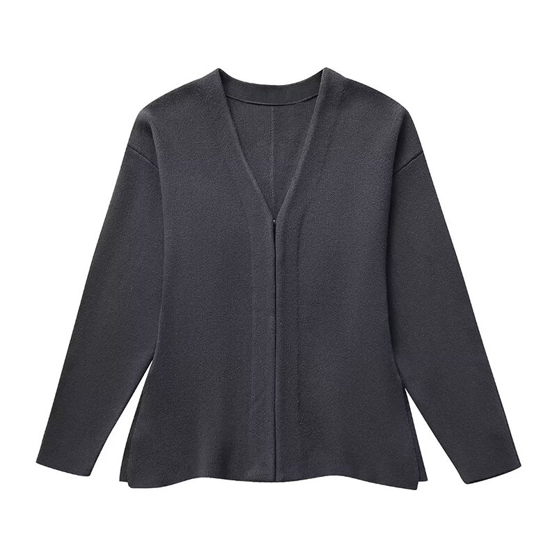 TRAF-Conjunto de minifalda de cintura alta para mujer, abrigo de punto de manga holgada, trajes grises para otoño, 2024