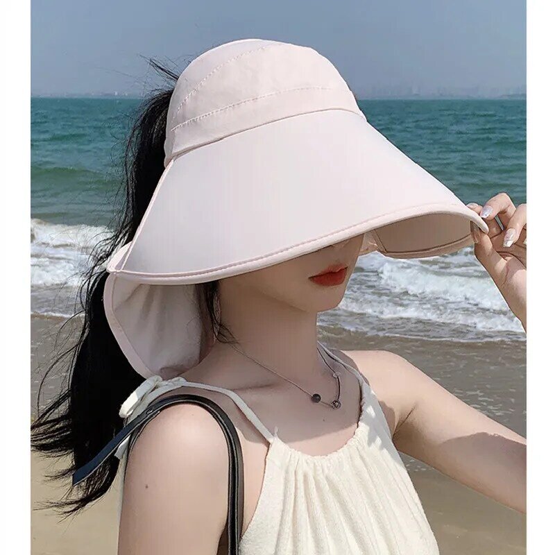 Cappello estivo da donna con coda di cavallo pieghevole da viaggio Panama Caps per il sole cappelli da spiaggia solari con protezione UV per il collo a tesa larga