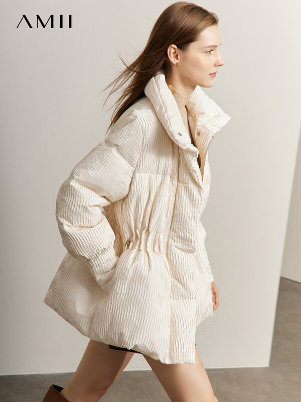 AMII-Abrigo acolchado de plumón de pato minimalista para mujer, chaqueta cálida con solapa y cuello levantado, novedad de invierno, 2023