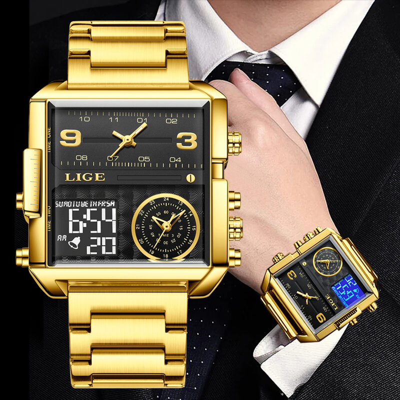 LIGE-남성용 럭셔리 오리지널 스테인레스 스틸 방수 시계, 다기능 쿼츠 손목시계, 골드