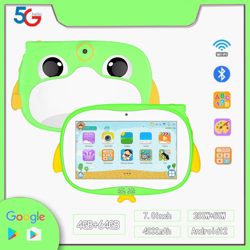 Novo 7 Polegada Pinguim Crianças Tablet Android 12 Aprendizagem Jogos de Educação Tablets Quad Core 4GB RAM 64GB ROM Câmeras Duplas Presentes Infantis