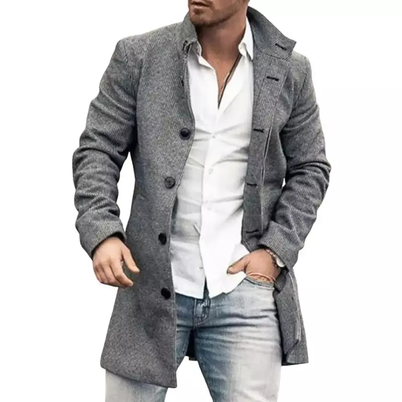 Mantel kotak-kotak Single-breasted pria, berkerah lengan panjang ramping setengah panjang jaket mantel hangat dengan kantong