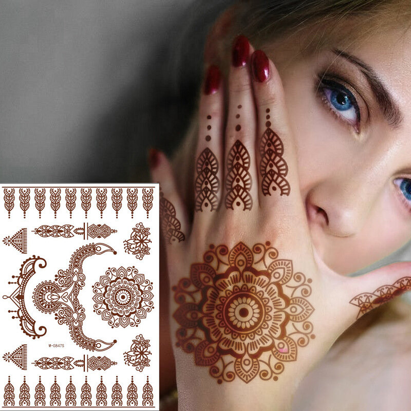 Pegatinas de tatuaje de Henna marrón para mujer, tatuajes temporales de mano, tatuajes corporales impermeables, tatuajes falsos, diseño de Henna