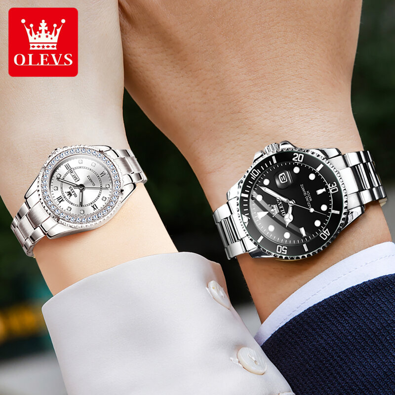 OLEVS-Montre de couple en acier inoxydable pour hommes et femmes, montre-bracelet à quartz de luxe, calendrier étanche, amoureux, tout neuf, mode