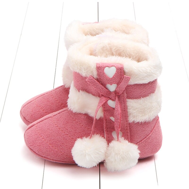 Noworodki niemowlęta buty zimowe miękkie podeszwa antypoślizgowe słodkie pluszana kokardka Pom śnieg ciepłe obuwie do łóżeczko dziecięce