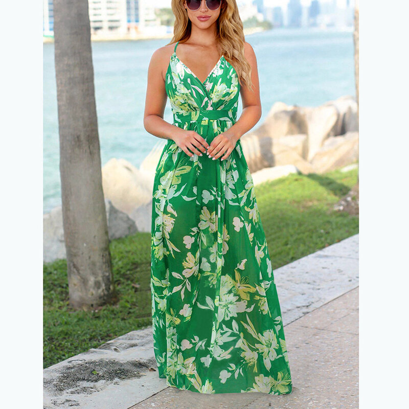 Chegada do verão feminino estilingue floral vestidos longos boho com decote em v sem mangas festa praia floarl impressão maxi vestido de verão casual