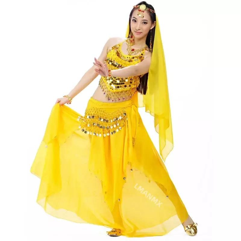 Indian Kostuum Set 4 Stuks Buikdans Sluier Top Munten Heup Sjaal Rok Buikdans Kostuum Vrouwen