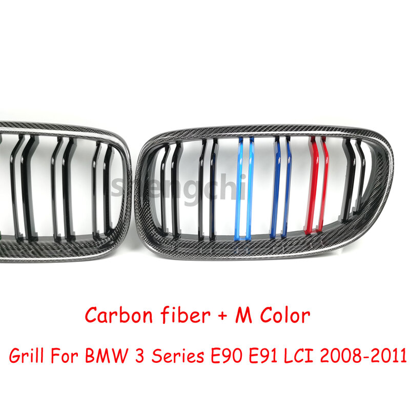 E90 E91 LCI serat karbon Gloss M warna Bumper depan Grill ginjal untuk BMW 3 Series E90 E91 318i 320i 330i 335i Gril 2008-2011