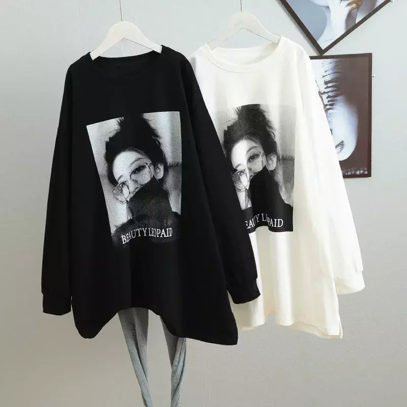 Camiseta de algodão manga comprida com decote em v feminina, blusa solta, estilo casual, tamanho grande, base, primavera