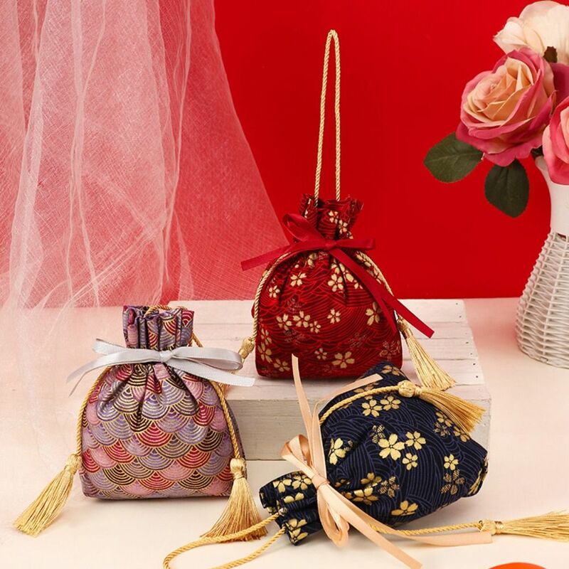 Lucky Cat Canvas Flower Drawstring Bag Sakura Floral Satin Bow Ribbon Bow Wrist Bag Storage Bag Large Capacity