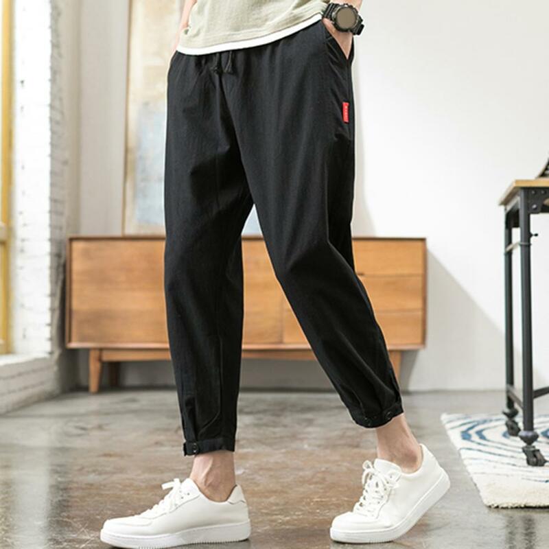 Men Casual Bottoms Men's Straight Ankle-banded Sweatpants with Side Pockets for Gym Training Jogging Elastic Waist Solid Color