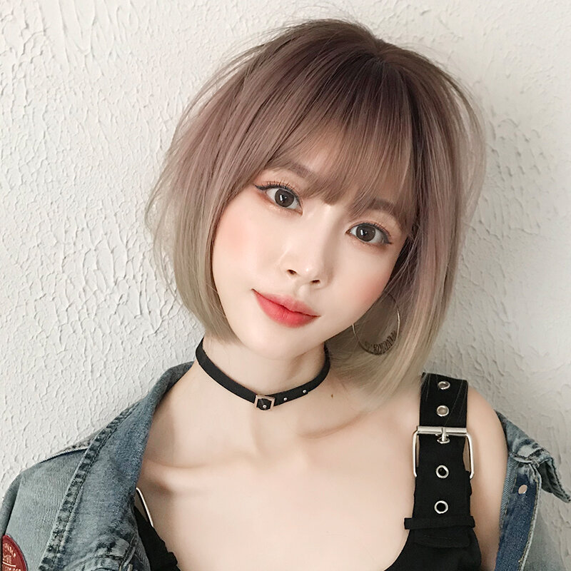 7JHH WIGS Heat Resistant Synthetic Pink Brown Bob Wigs with Dark Roots High Density Short Straight Hair Wigs with Curtain Bangs