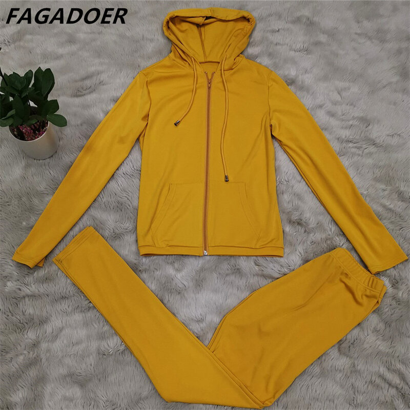 Fagadoer-女性用のベーシックなツーピースセット,長袖フード付きコート,ジッパー付き,タイトフィット,スポーティな服装