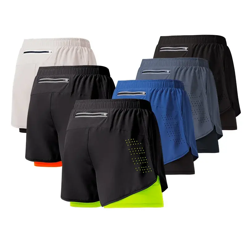 Pantalones cortos de rendimiento 2 en 1 para hombre, Shorts atléticos transpirables de secado rápido con bolsillo para teléfono, entrenamiento de gimnasio, correr, Verano
