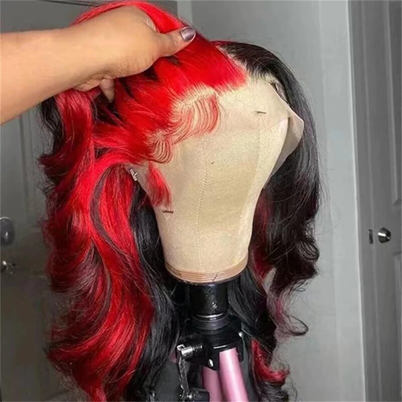 Хайлайтер красный с черной кружевной передней крышкой парик человеческие волосы Омбре цвет бразильский тело волнистый кружевной передний парик предварительно выщипанный для женщин