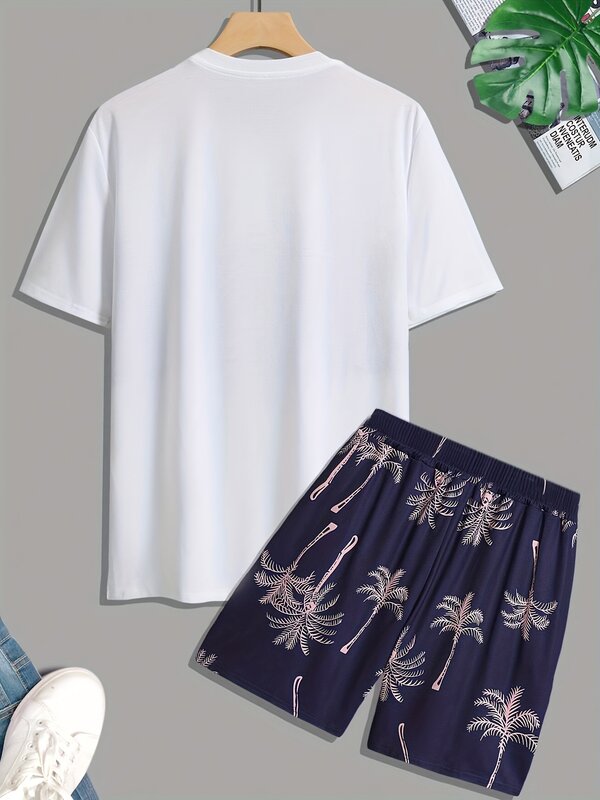 メンズココナッツツリーパターンサマー衣装セット、カラーブロック半袖Tシャツ、ドローストリングビーチスポーツショーツ、2個