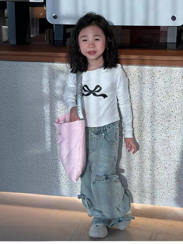 Pantalones de mezclilla para niña, ropa de moda coreana, pantalones de pierna ancha, pantalones de estilo occidental, primavera 2024