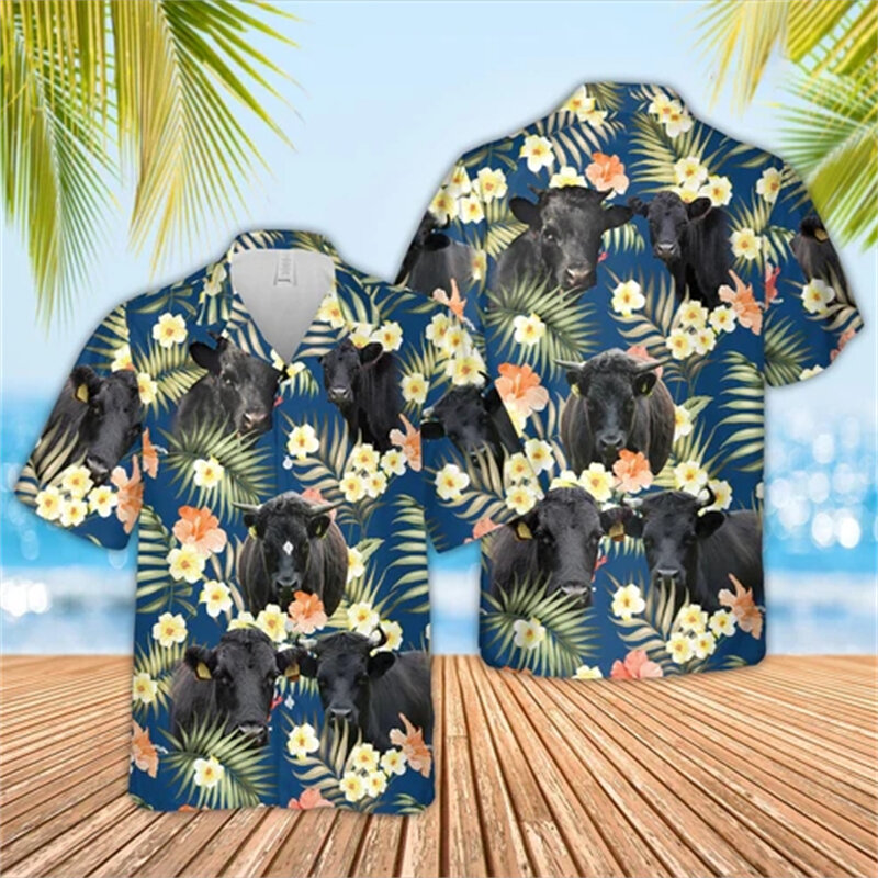 Camisa de playa con estampado 3D de vaca Hawaiana para hombre, Blusa de manga corta con estampado divertido de vaca, Animal, oveja, Aloha