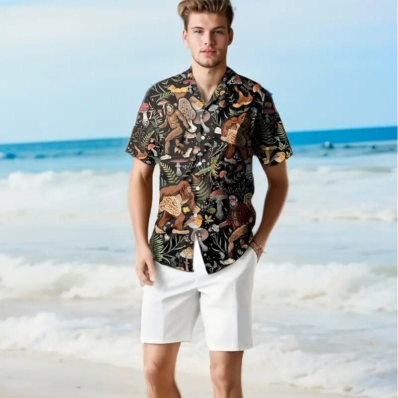 Camisa havaiana com estampa de chimpanzé masculina, retrô, casual, manga curta, grandes dimensões, roupa de alta qualidade, praia, verão