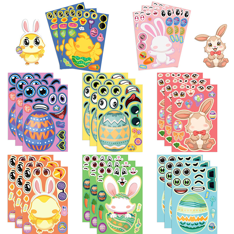8 Vellen Kinderen Diy Easter Puzzel Stickers Make-A-Face Schattige Dieren Cartoon Decals Puzzel Speelgoed Voor Kinderen Educatief Cadeau