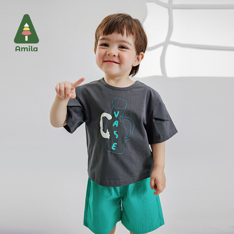 Amila 2024 Летний Новый комплект для мальчиков и девочек хлопковые шорты с принтом и коротким рукавом и лоскутными шортами