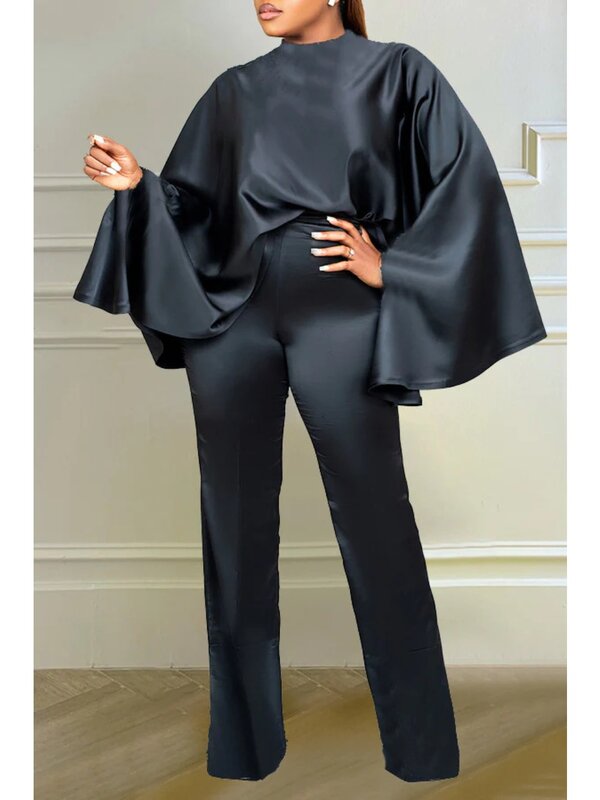 Комплект из двух предметов женский атласный, элегантный однотонный Свободный Топ с рукавами «летучая мышь» и широкие брюки, зимний модный комплект из двух предметов в африканском стиле