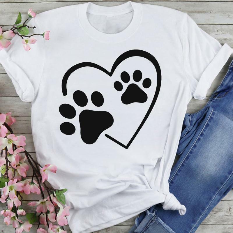 Camiseta de manga corta con estampado de pata de perro para mujer, ropa de dibujos animados, moda de verano, playera
