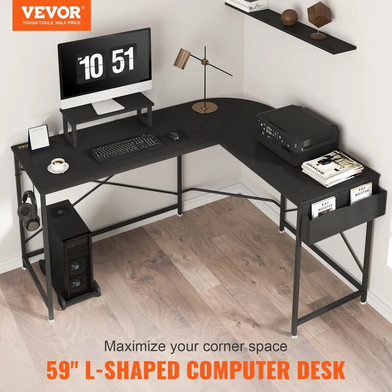 VEVOR meja kantor bentuk L, meja penyimpanan meja komputer sudut dengan tas penyimpanan, Meja kerja, meja komputer untuk rumah kantor