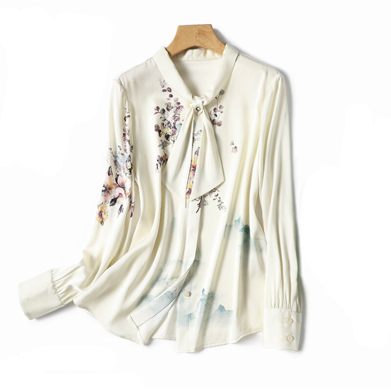 Chiffon Vintage Women's Shirts Spring/summer Prints Blouses Loose Long Sleeves Women Tops Bow Fashion Clothing YCMYUNYAN
