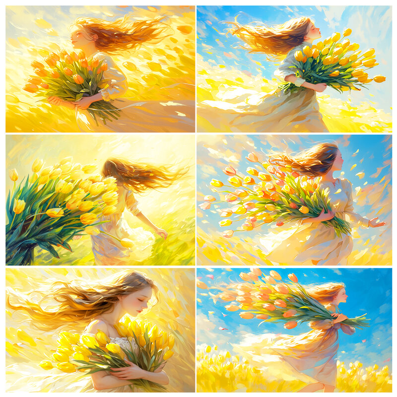 Pittura a mano giallo tulipano ragazza fiori pittura acrilica con i numeri Kit opere d'arte fai da te Canva Art GiftHome decorazione regalo