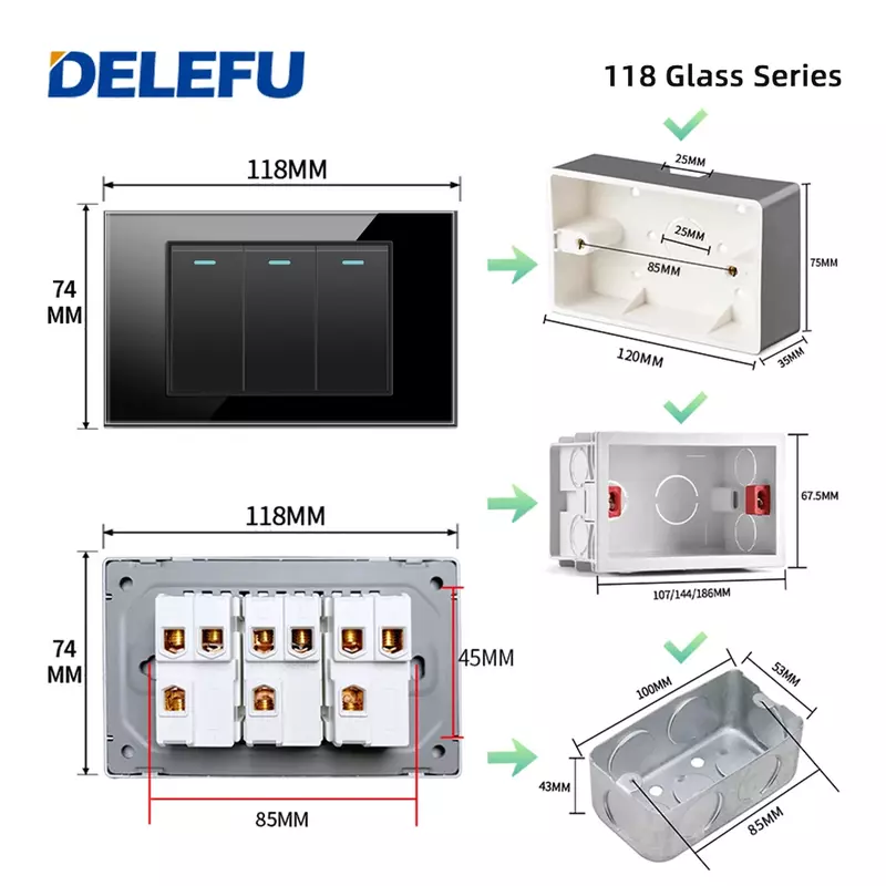 DELEFU 4*2 Black Tempered Glass Brazil Standard Outlet Dual Usb Type C Wall Socket Light Switch Switzerland 10A 20A