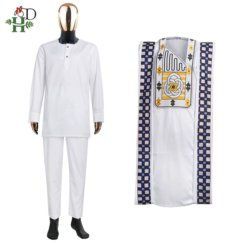 H & D الملابس الأفريقية للرجال التقليدية الغنية بازين التطريز الأصلي الأبيض ملابس الرجال 3 قطعة مجموعة حفل زفاف مناسبة