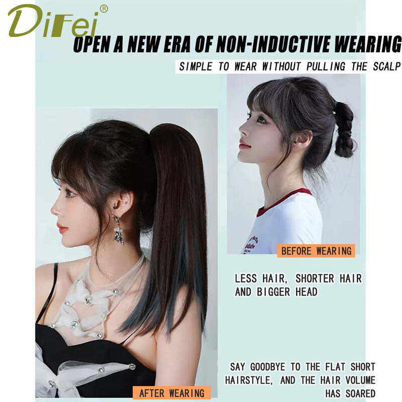 DIFEI Synthetic Wig Female Ponytail Long Straight Hair Grab Clip Highlights Smog Blue High Ponytail Highlights Trend Ponytail