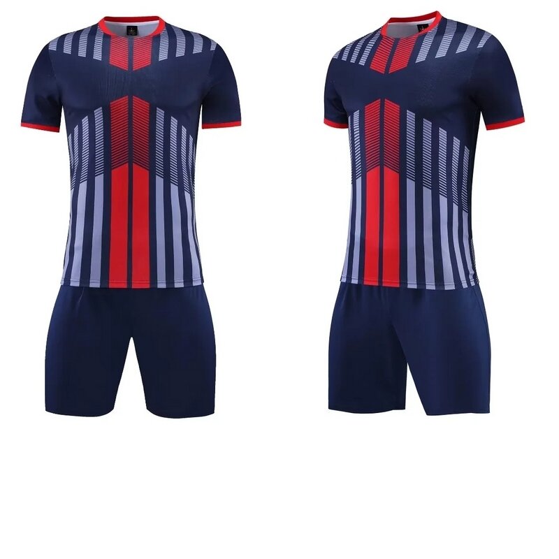 Ropa de fútbol de marca de verano, camiseta de manga corta personalizada, conjunto de pantalones cortos, modelo 2203, azul, rojo y blanco, 23-24