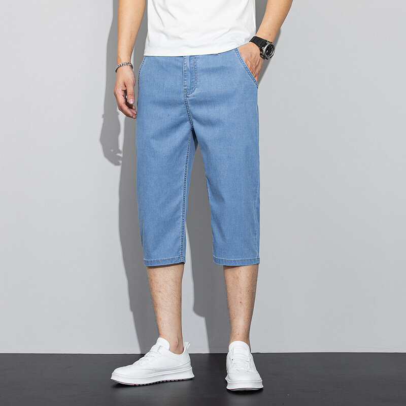 Летние тонкие джинсы Lyocell длиной до икры, мужские укороченные джинсовые брюки, Стрейчевые свободные короткие джинсы, Мужские Повседневные Классические брендовые шорты
