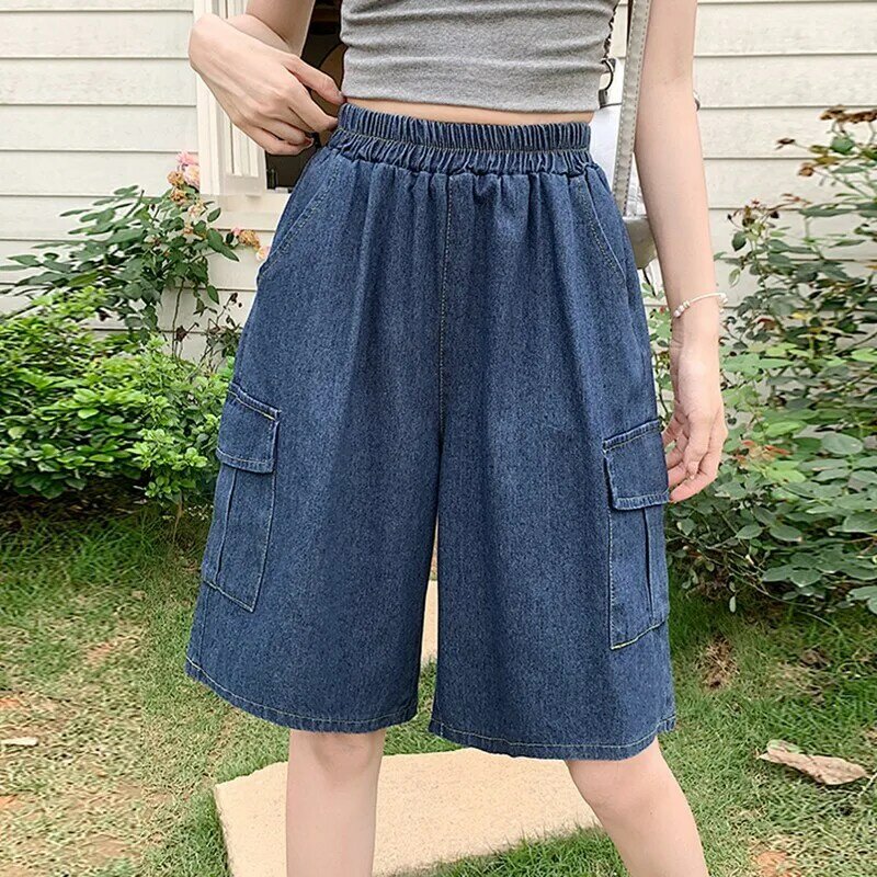 Женские джинсы до колен с высокой талией, повседневные короткие брюки из денима в Корейском стиле с двумя карманами, модель W1714 на лето, 2024