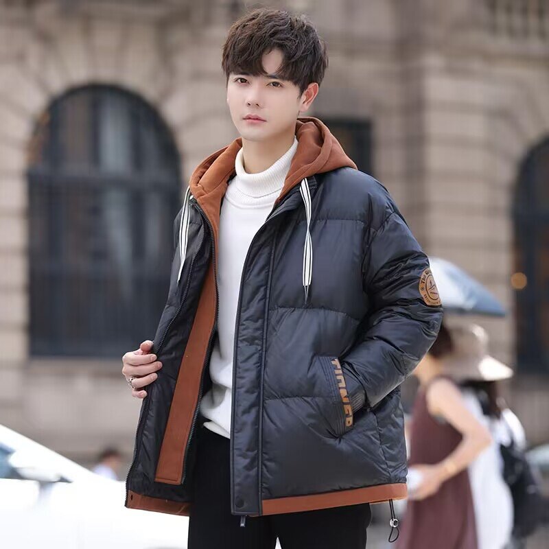 Men Fake Two-Piece Cotton-Padded Coat Winter Male Trendy College Style Loose Hooded Casual Outwear Thick Warm Large Size Outcoat