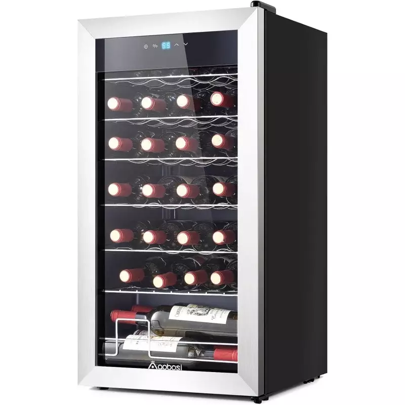 単4コンプレッサーワインクーラー、ステンレス鋼強化ガラスドア、28ボトルワイン冷蔵庫、赤、白またはc、17インチ