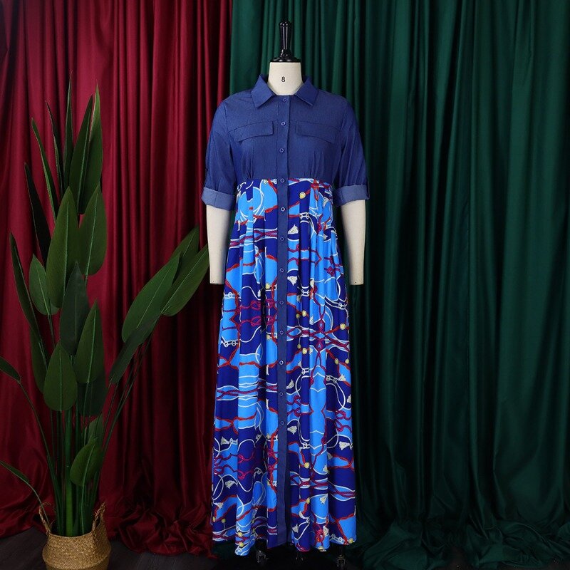 여성용 아프리카 드레스, 아프리카 긴팔 인쇄 폴리에스터, 레드, 블루, 긴 원피스 맥시 원피스, 아프리카 의류, 가을, 겨울