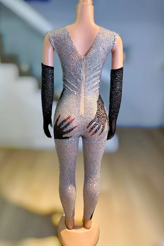 Tuta con motivo a mano Sexy con strass scintillanti con guanti compleanno festeggia vestito da donna Costume da spettacolo di danza Heishou