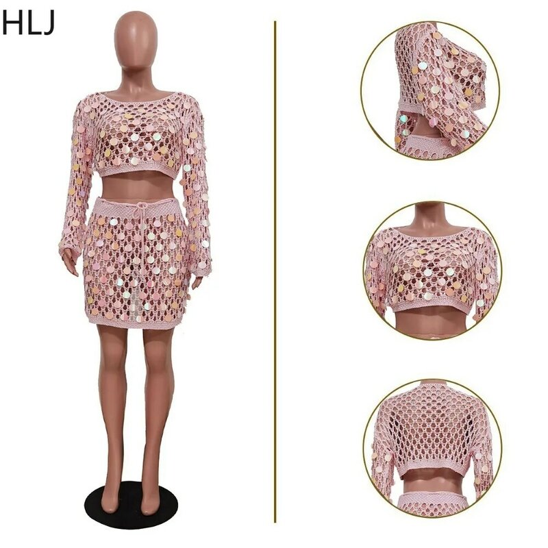 HLJ Fashion Knitted Hollow Out Sequins Skirts Two Piece Sets Women Round Neck Long Sleeve Crop Top And Mini Skirts Beach Outfits