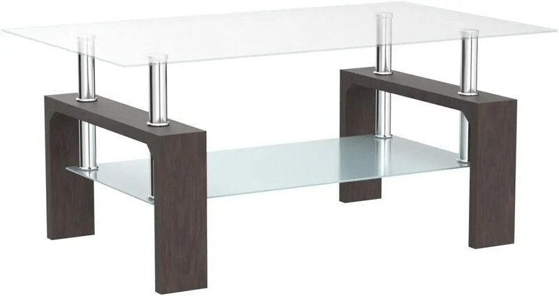 Walnut Rectangular Coffee Table, 39.5in x 23.5in x 17.5in, Glass Tabletop with Lower Shelf, Adjustable Bottom Corners