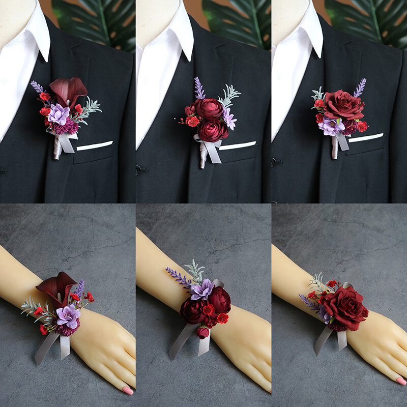 GT seta corpetto polso fiore decorazione di nozze spilla rosa matrimonio giglio a ferro di cavallo nero e rosso