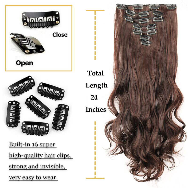 Onyx-Postiche synthétique à haute température, extensions de cheveux à clipser, cheveux longs et raides, cheveux ondulés, 24 pouces, 140g, ensemble de 7 pièces, 16 clips
